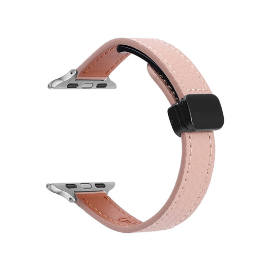 Skorter | For Apple Watch 42mm Slim Magnetic Buckle Genuine Leather Watch Strap (Litchi Pink)