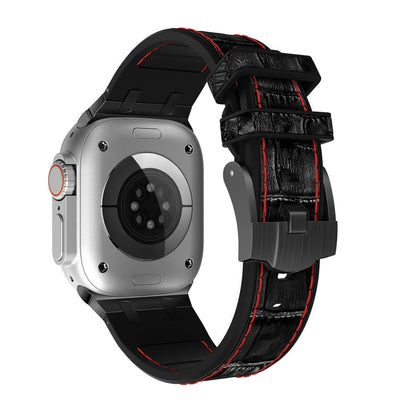 Skorter | For Apple Watch SE 2023 44mm Crocodile Texture Liquid Silicone Watch Strap (Black Red Black)