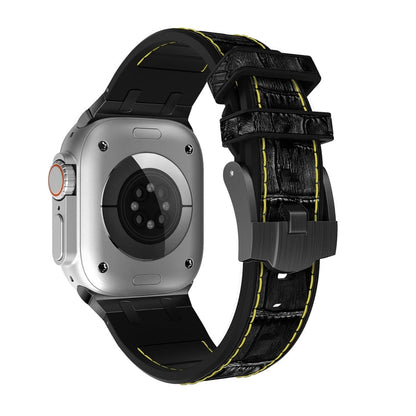 Skorter | For Apple Watch SE 2023 44mm Crocodile Texture Liquid Silicone Watch Band (Black Yellow Black)