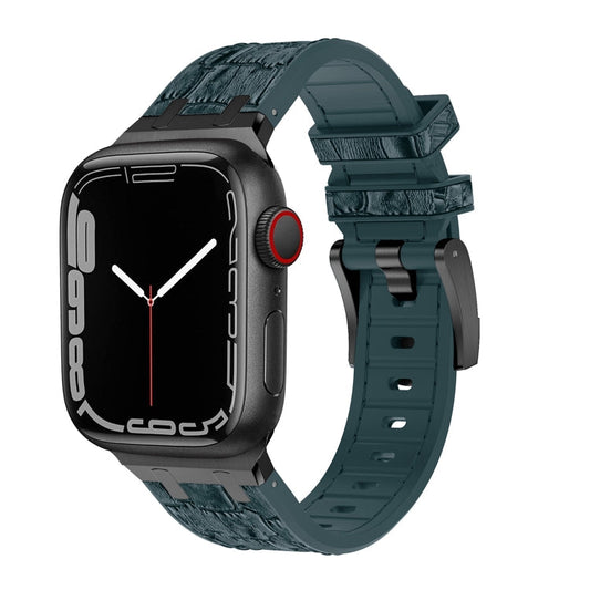 Skorter | For Apple Watch SE 2023 44mm Crocodile Texture Liquid Silicone Watch Band (Black Dark Green)