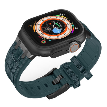 Skorter | For Apple Watch SE 2023 44mm Crocodile Texture Liquid Silicone Watch Band (Black Dark Green)