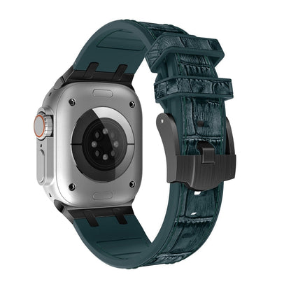 Skorter | For Apple Watch SE 2023 44mm Crocodile Texture Liquid Silicone Watch Band (Black Dark Green)