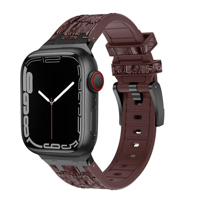 Skorter | For Apple Watch SE 2023 44mm Crocodile Texture Liquid Silicone Watch Band (Black Dark Brown)