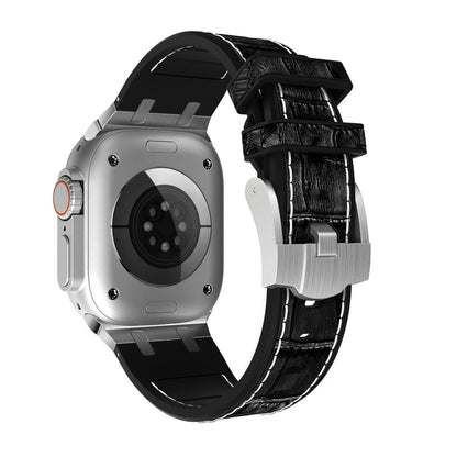 Skorter | For Apple Watch SE 2023 44mm Crocodile Texture Liquid Silicone Watch Band (Silver White Black)