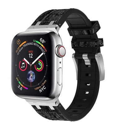 Skorter | For Apple Watch SE 2023 44mm Crocodile Leather Texture Liquid Silicone Strap (Silver Black)