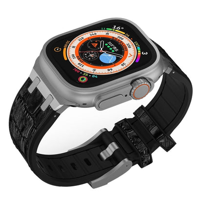 Skorter | For Apple Watch SE 2023 44mm Crocodile Leather Texture Liquid Silicone Strap (Silver Black)