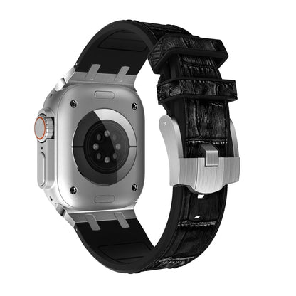 Skorter | For Apple Watch SE 2023 44mm Crocodile Leather Texture Liquid Silicone Strap (Silver Black)
