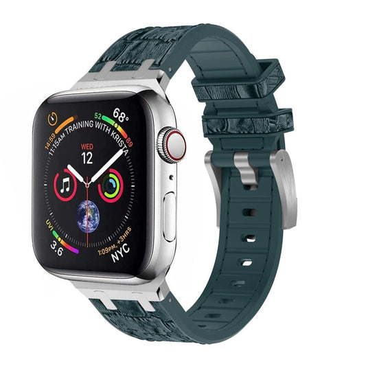 Skorter | For Apple Watch SE 2023 44mm Crocodile Texture Liquid Silicone Band (Silver Deep Green)