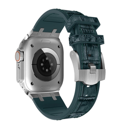 Skorter | For Apple Watch SE 2023 44mm Crocodile Texture Liquid Silicone Band (Silver Deep Green)
