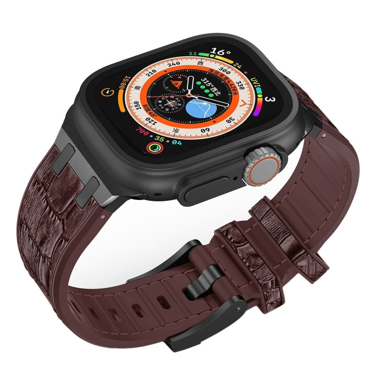 Skorter | For Apple Watch Series 9 41mm Crocodile Leather Texture Liquid Silicone Strap (Black Dark Brown)