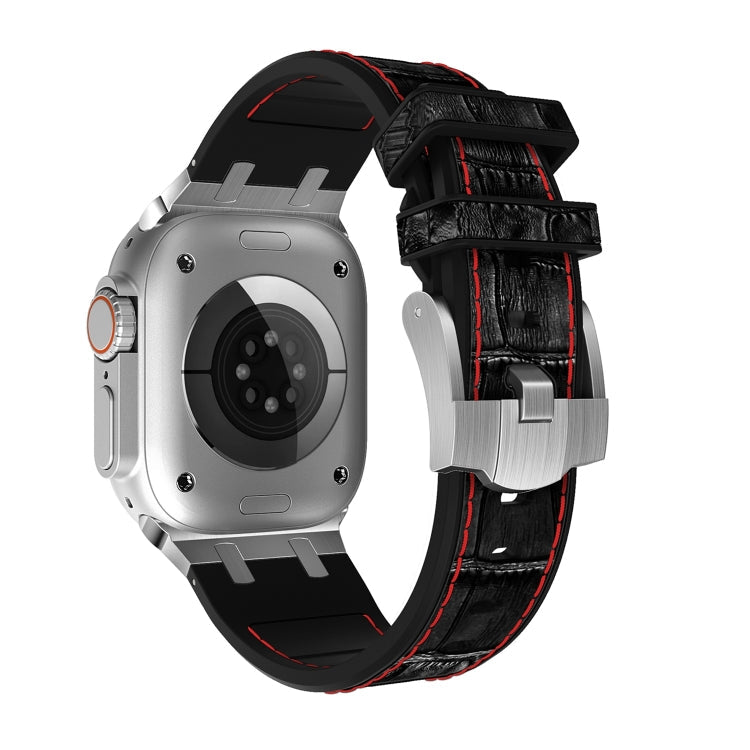 Skorter | For Apple Watch Ultra 49 mm Crocodile Texture Liquid Silicone Watch Band (Silver Red Black)