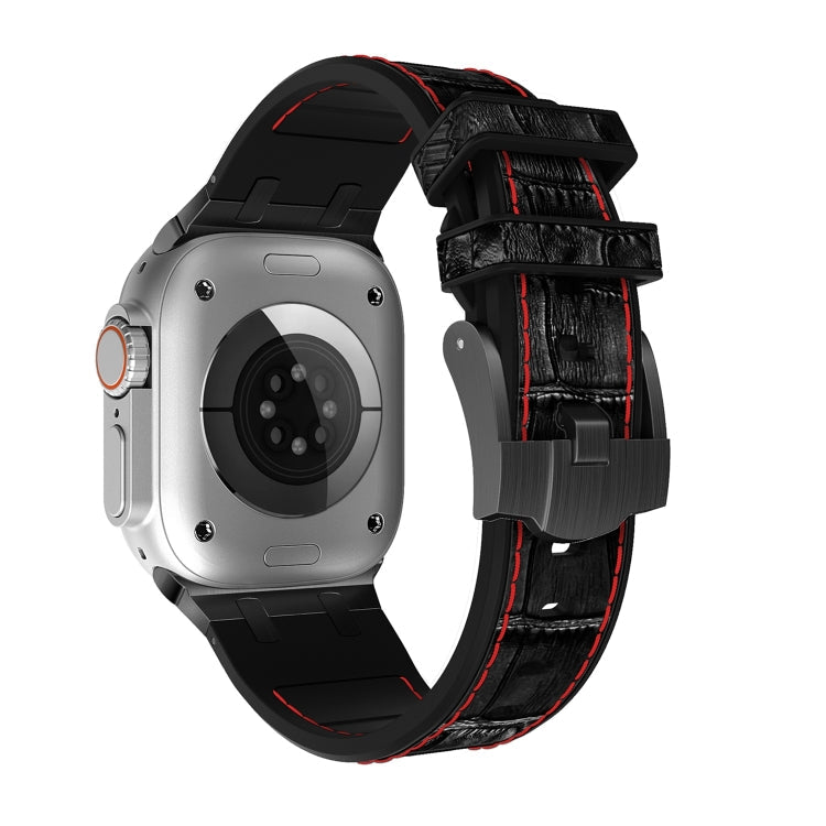 Skorter | For Apple Watch SE 2022 44mm Crocodile Texture Liquid Silicone Watch Band (Black Red Black)