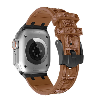 Skorter | For Apple Watch SE 2022 44mm Crocodile Texture Liquid Silicone Watch Strap (Black Yellow Brown)