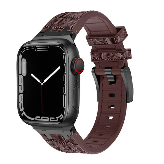 Skorter | For Apple Watch SE 2022 44mm Crocodile Texture Liquid Silicone Watch Strap (Black Dark Brown)