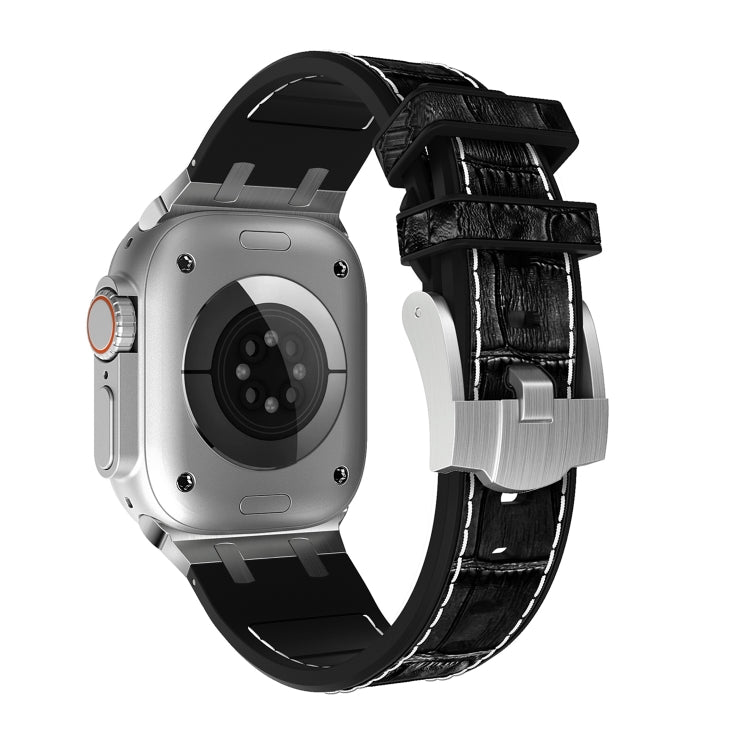 Skorter | For Apple Watch SE 2022 44mm Crocodile Texture Liquid Silicone Watch Band (Silver White Black)