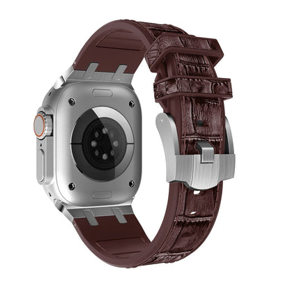 Skorter | For Apple Watch SE 44mm Crocodile Texture Liquid Silicone Watch Band (Silver Dark Brown)
