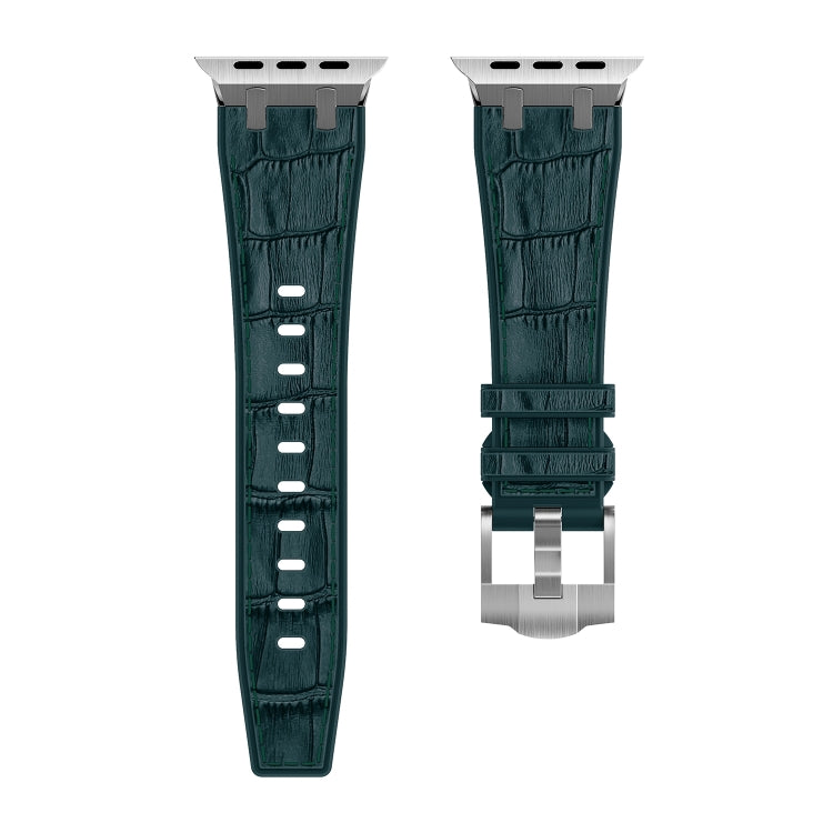 Skorter | For Apple Watch 38mm Crocodile Texture Liquid Silicone Watch Strap (Silver Dark Green)