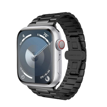 Skorter | For Apple Watch SE 2023 44 mm Three-Pearl Butterfly Buckle Metal Watch Band (Black)