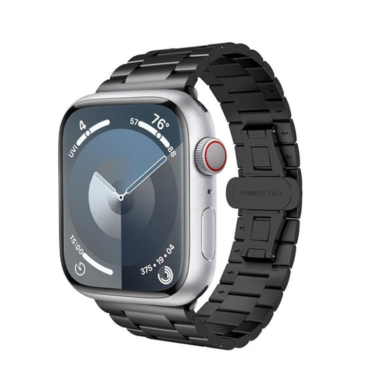 Skorter | For Apple Watch SE 2023 44 mm Three-Pearl Butterfly Buckle Metal Watch Band (Black)