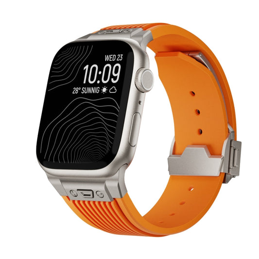 Skorter | For Apple Watch SE 2023 44 mm Vertical Texture Titanium Buckle Elastic Silicone Band (Orange)