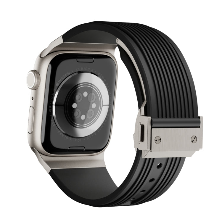 Skorter | For Apple Watch 42mm Vertical Texture Titanium Buckle Elastic Silicone Strap (Black)