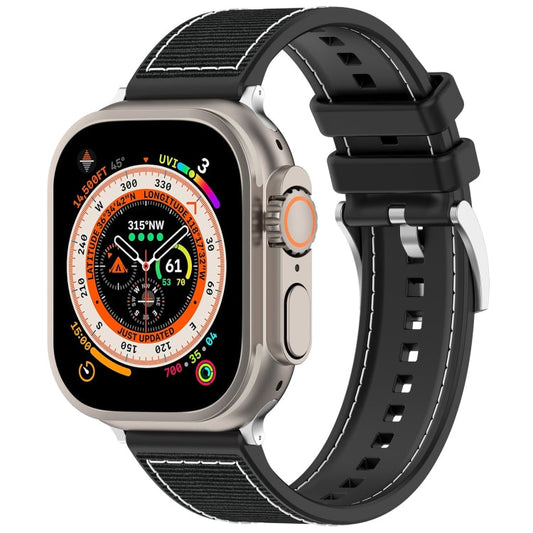 Skorter | For Apple Watch SE 2023 44 mm Official Buckle Hybrid Nylon Fabric Silicone Watch Band (Black)