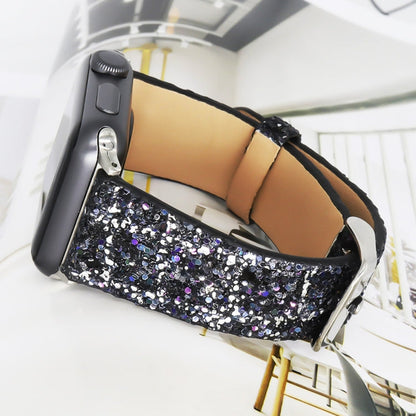 Skorter | For Apple Watch 5 & 4 44mm / 3 & 2 & 1 42mm Glitter Sequins Leather Watch Band (Black Silver)