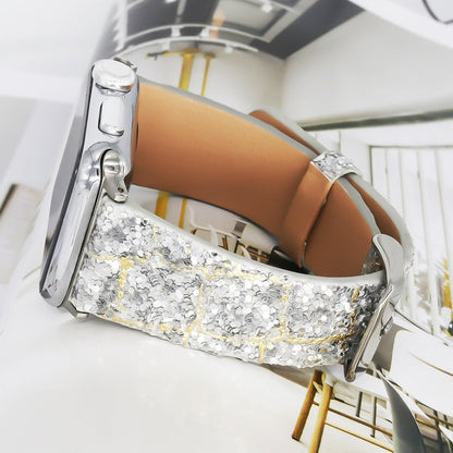 Skorter | For Apple Watch 5 & 4 44mm / 3 & 2 & 1 42mm Glitter Sequin Leather Watch Band (Gold Silver)