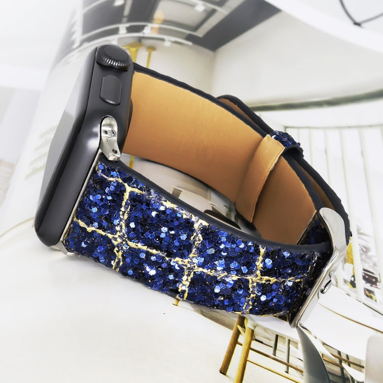 Skorter | For Apple Watch 5 & 4 44mm / 3 & 2 & 1 42mm Glitter Sequin Leather Watch Band (Blue Gold)