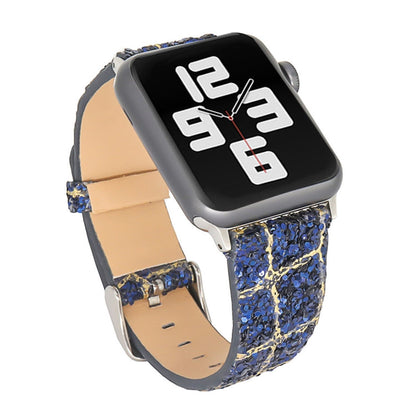 Skorter | For Apple Watch 5 & 4 44mm / 3 & 2 & 1 42mm Glitter Sequin Leather Watch Band (Blue Gold)