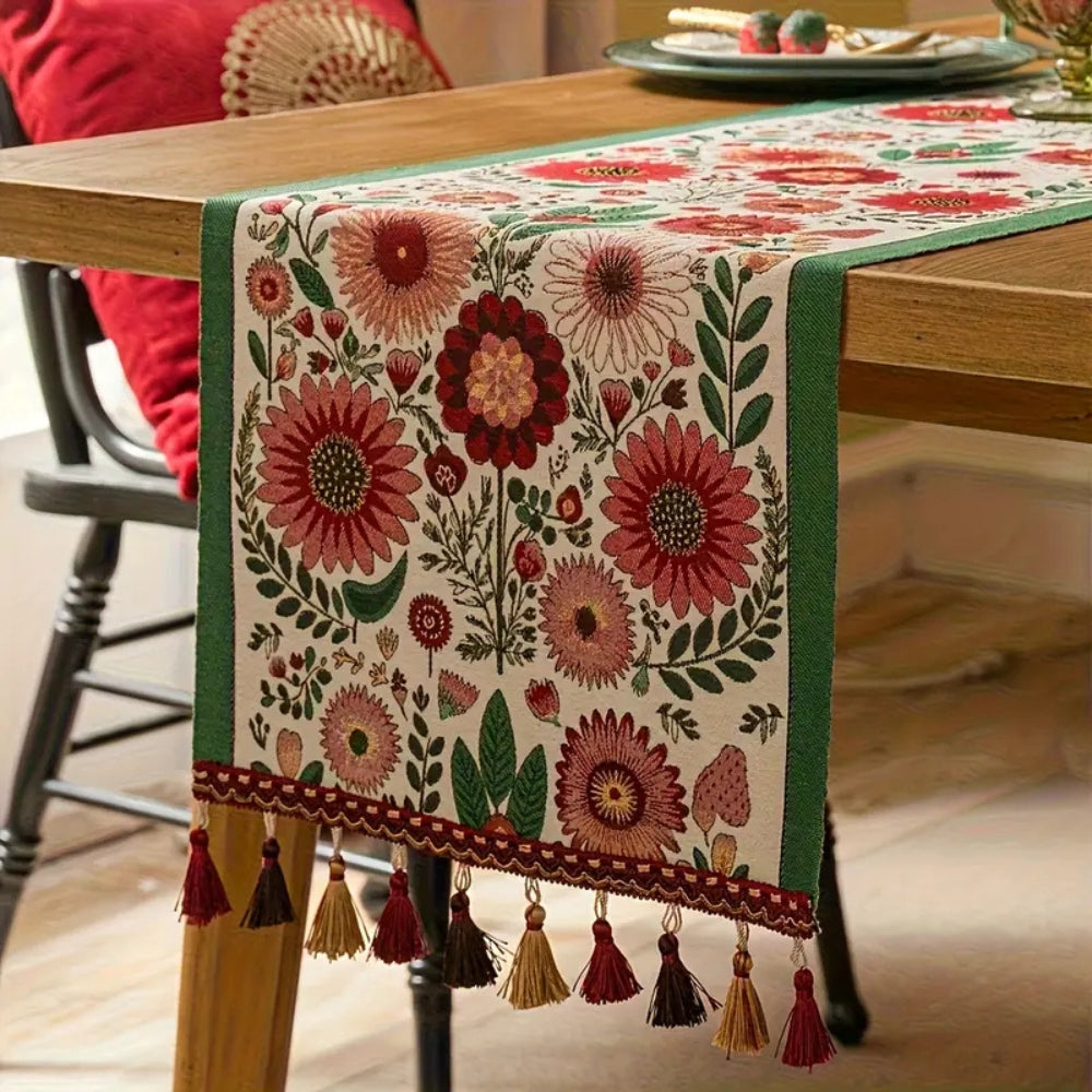 Skorter | Embroidered Floral Tassel Table Runner
