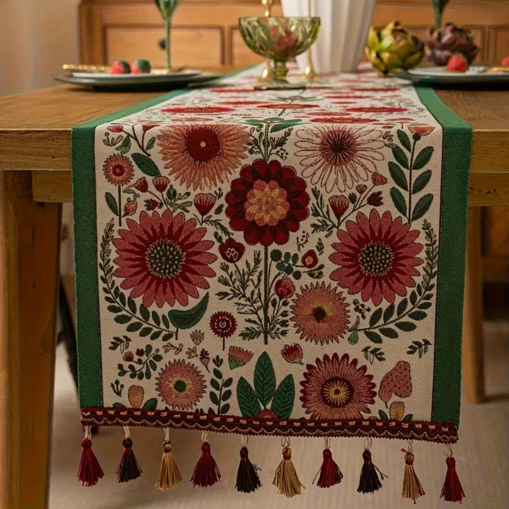 Skorter | Embroidered Floral Tassel Table Runner