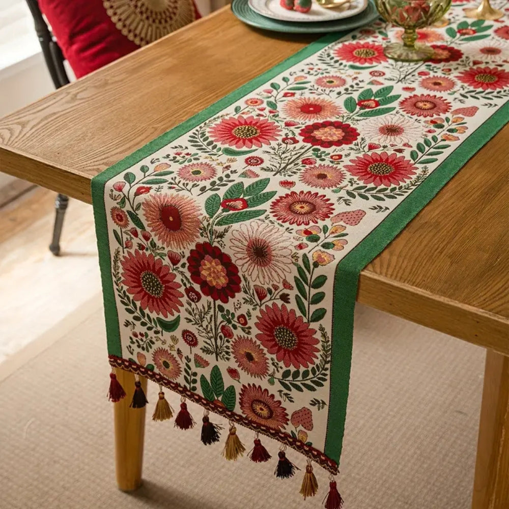 Skorter | Embroidered Floral Tassel Table Runner