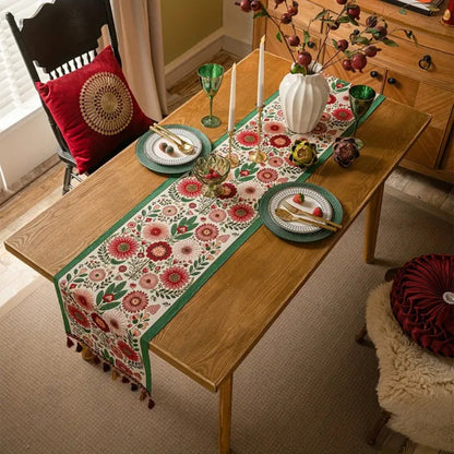 Skorter | Embroidered Floral Tassel Table Runner