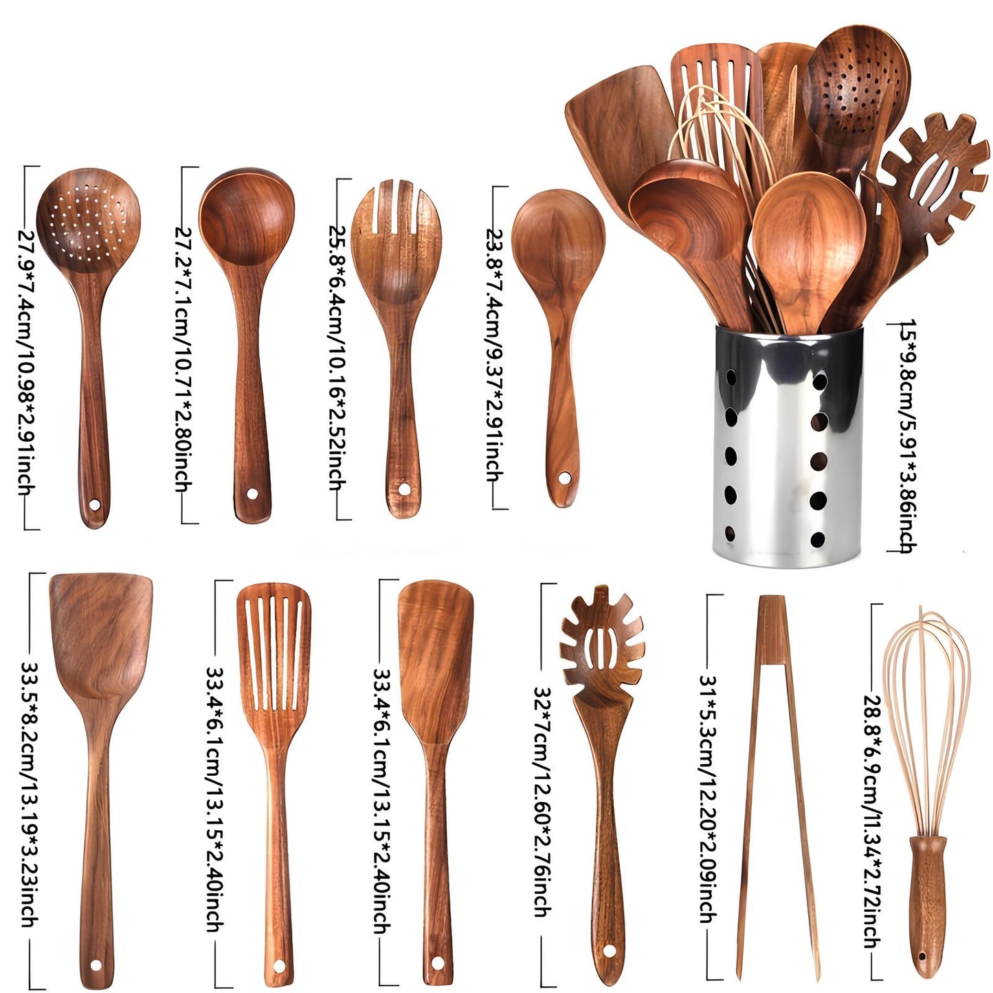 Skorter | 11-Piece Kitchen Utensil Set Made of Teak – Including Holder – Natural Look for the Kitchen