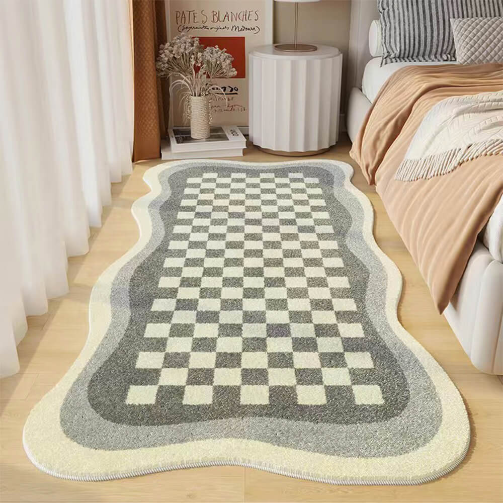 Skorter | Faux Cashmere Checkered Cozy Nightstand Rug Irregular Shape Rug
