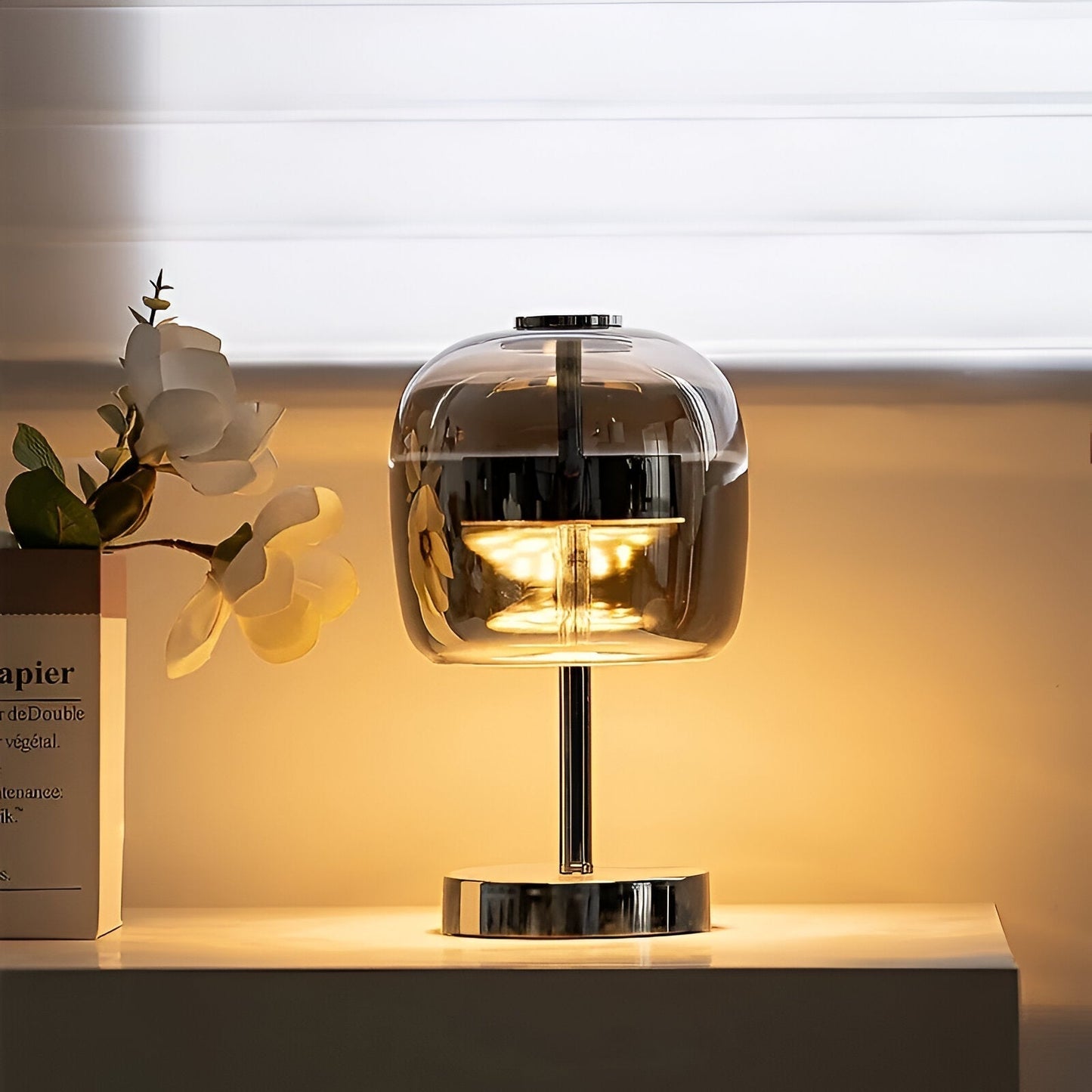 Skorter | Gleam Glass Table Lamp – Smoky Grey USB-Powered Dimmable LED Light for Bedroom & Desk