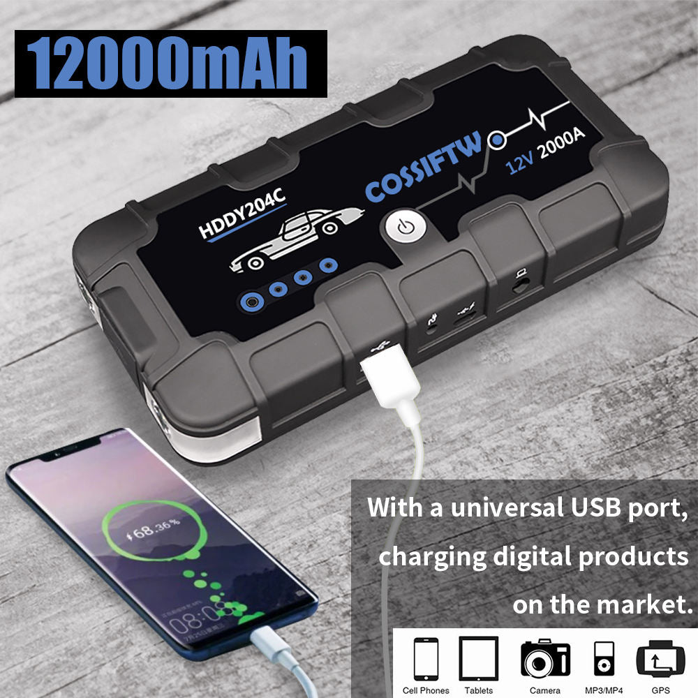 Skorter | 2000A UltraSafe 12V Car Jump Starter – Portable Battery Booster Pack with USB Charger & LED Flashlight – Up to 6.0L Petrol / 3.0L Diesel Engines