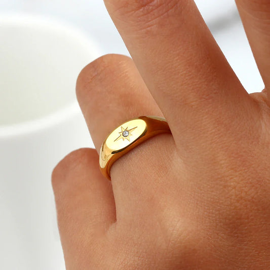 Skorter | 18K gold-plated women's stainless steel oval zircon star ring