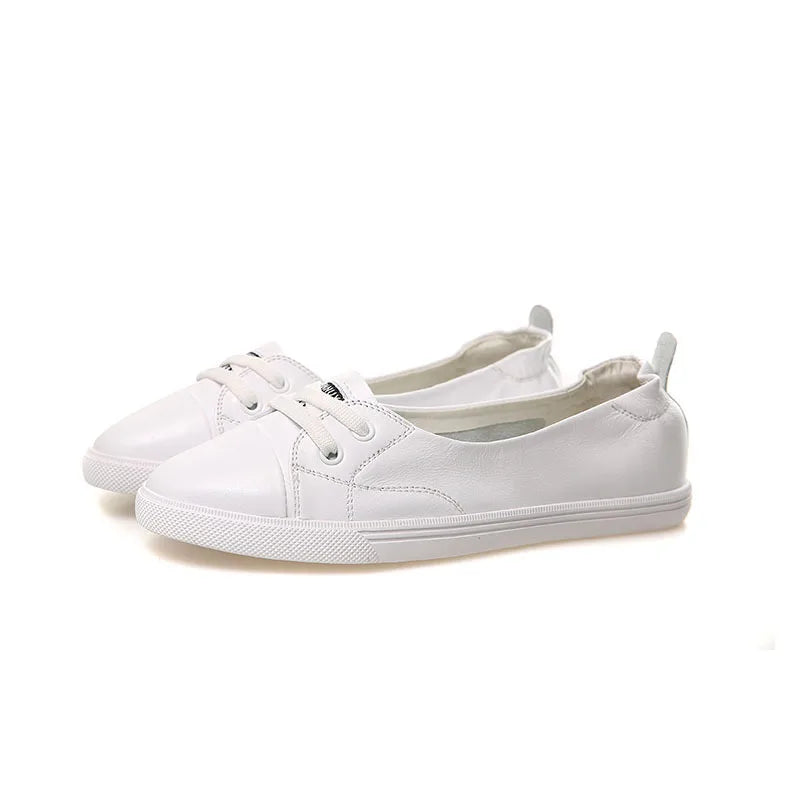 Skorter | 100% Genuine Leather Shoes Women Flat Casual Shoes Soft Cowhide White Flats