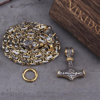 Skorter | 60–90 cm Stainless Steel Double Wolf Head & Mjolnir Survival Spirit Necklace/Bracelet