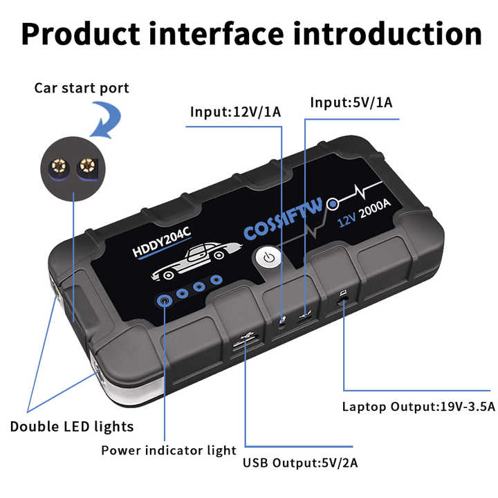 Skorter | 2000A UltraSafe 12V Car Jump Starter – Portable Battery Booster Pack with USB Charger & LED Flashlight – Up to 6.0L Petrol / 3.0L Diesel Engines