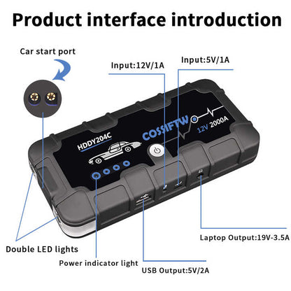 Skorter | 2000A UltraSafe 12V Car Jump Starter – Portable Battery Booster Pack with USB Charger & LED Flashlight – Up to 6.0L Petrol / 3.0L Diesel Engines