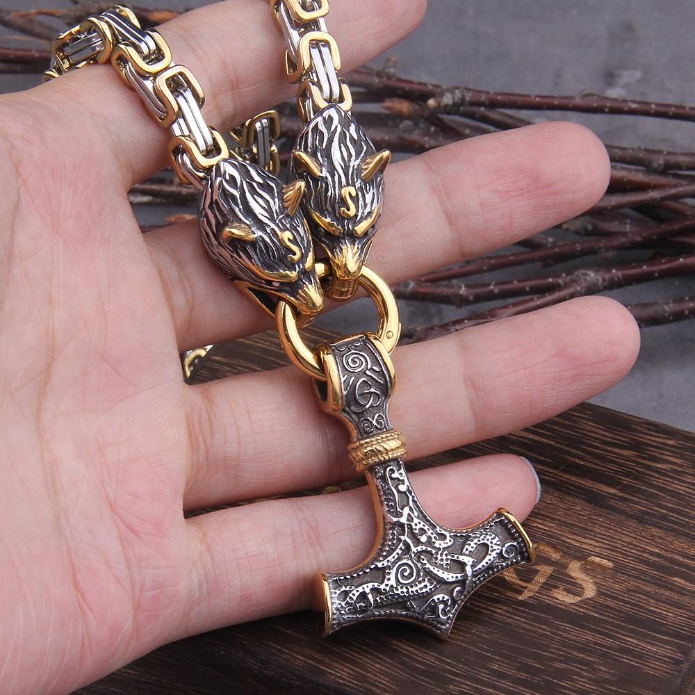 Skorter | 60–90 cm Stainless Steel Double Wolf Head & Mjolnir Survival Spirit Necklace/Bracelet