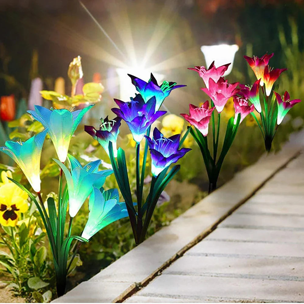 Skorter | Solar LED flower lights in lily shape – Color-changing garden lights with stake for outdoor areas