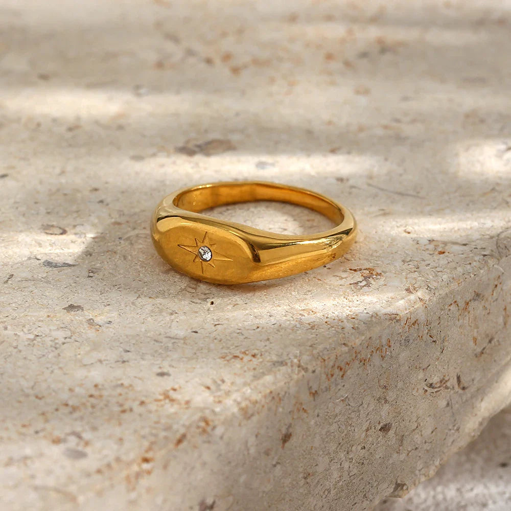 Skorter | 18K gold-plated women's stainless steel oval zircon star ring