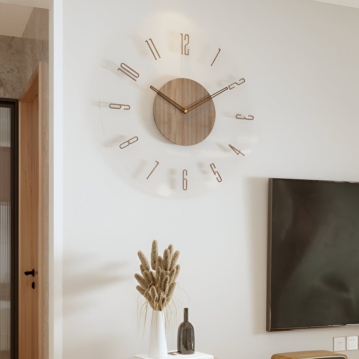 Skorter | ClearWood Transparent Wall Clock – Silent Quartz with Wooden Details