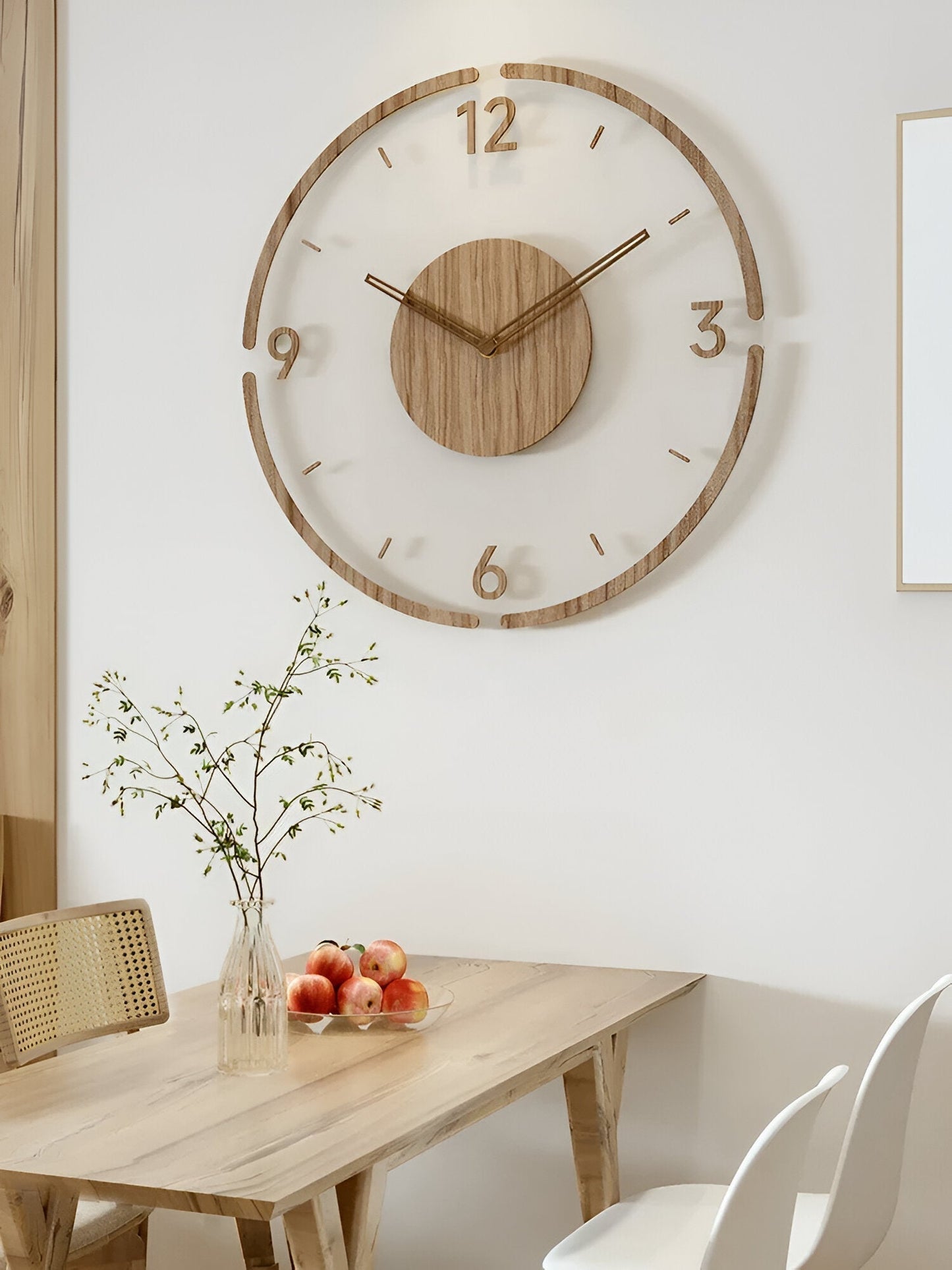 Skorter | ClearWood Transparent Wall Clock – Silent Quartz with Wooden Details