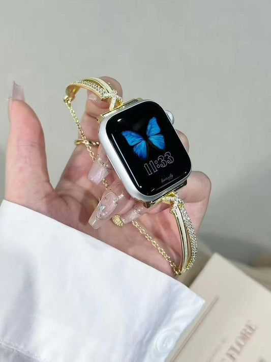 Skorter | Elegant Rhinestone Apple Watch Band – X-Crystal Design in Silver Metal