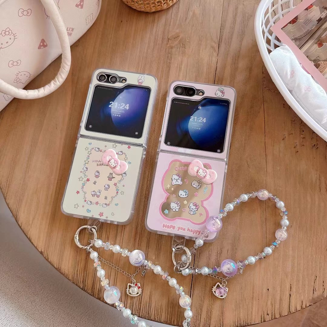 Skorter | Cute Cartoon Flip Samsung Z Flip Case – Soft Pastel Kitty Design with 3D Bow & Bead Carry Charm